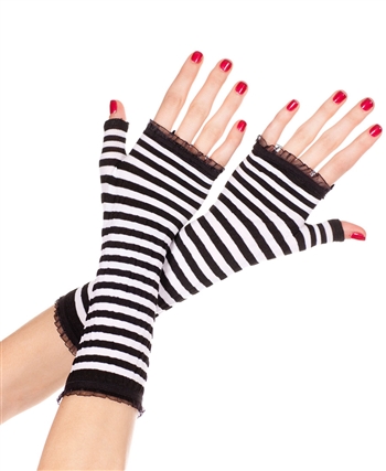Black White Striped Fingerless Gloves ML-431-Black-White